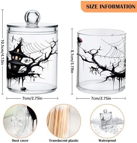 4 Pack Qtip Holder Dispenser with Lids, Halloween Spiderweb House Plastic Storage Containers, Bathroom Canisters Organizer for Cotton Ball, Swab, Round Pads, Floss 21214435