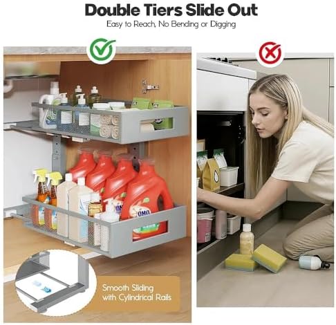 Under Sink Organizer,2-Tier Dual Pull Out Cabinet Organizer Drawers With Smooth Circular Rail,Large Capacity Metal Mesh Sliding Shelves For Bathroom& Kitchen Storage,Height Adjustable–Gun Gray,2 Packs