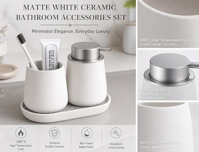 Ceramic Bathroom Accessories Set, 3 Pieces with Soap Dispenser, Toothbrush Holder, and Cup, Matte Black, Polished Finish (White)