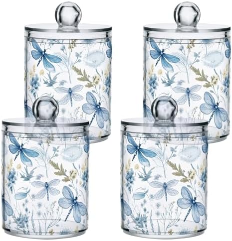 4 Pack Qtip Holder Dispenser with Lids, Blue Floral Dragonflies Plastic Storage Containers,Bathroom Canisters Organizer for Cotton Ball, Cotton Swab, Cotton Round Pads, Floss 21215128