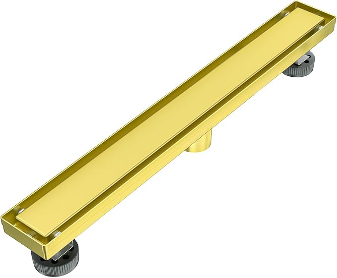 EXF Linear Shower Drain 24 Inch Brushed Gold Tile Insert, Stainless Steel Rectangle Shower Floor Drain Cover with Hair Catcher, Adjustable Feet