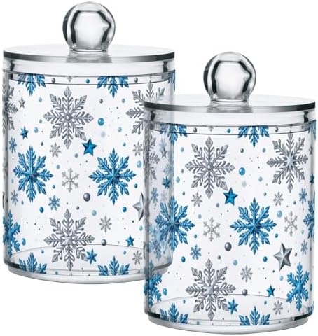 Gredecor Christmas Winter Qtip Holder Dispenser 4 Pack Silver Blue Glitter Snowflakes Apothecary Jars with Lids Bathroom Vanity Countertop Canister Storage Organizer for Cotton Ball,Swabs,Pads,Floss