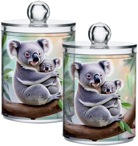 2 Pack Qtip Dispenser Apothecary Jars Bathroom Organizer, Koala and Baby Leaves Qtip Holder Storage Canister Plastic Acrylic Jar for Cotton Ball/Swab/Rounds