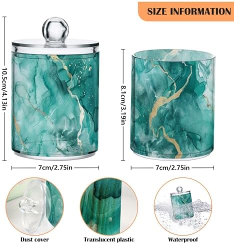 Fustylead 2 Pack Teal Marble Watercolor Background Plastic Apothecary Jar Set for Cotton Swab, Ball, Pad, Floss, Qtip Holder Dispensers for Bathroom Storage Organizer