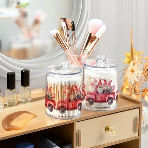 2 Pack Qtip Holder Dispenser with Lids, Valentines Gnomes Pickup Truck Plastic Storage Containers,Bathroom Canisters Organizer for Cotton Ball, Cotton Swab, Cotton Round Pads, Floss 21217890