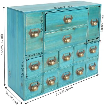 Apothecary Cabinet with 14 Drawers Card Catalog Cabinet, Library Card Catalog Drawer with Metal Handles & Label Slot Wooden Desk Drawer Organizer for Herb Storage, Tea Collection (Blue)
