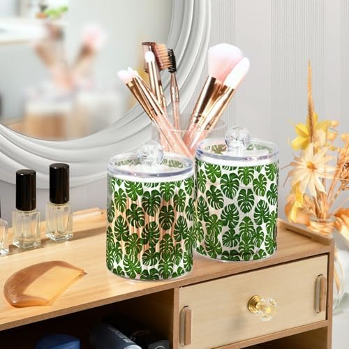 ALAZA 2pcs Monstera Leaf Palm Green White Qtip Holder Dispenser 14 oz Bathroom Storage Clear Apothecary Jars Containers Cotton Ball,Cotton Rounds,Floss Picks, Hair Clips, Food