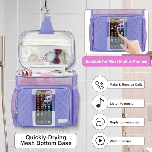 Portable Shower Caddy College Dorm Essentials (Full Size Bottle Compatible), Toiletry Bag for Women Men, Hanging Makeup Organizer Bag for Travel,Gym & Camping,Purple
