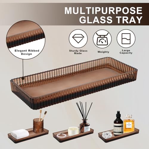 Bathroom Accessories Set,4 Pcs Amber Glass Bathroom Accessories Sets Complete with Lotion Soap Dispenser,Toothbrush Holder,Qtip Holder Dispenser and Vanity Tray,Bathroom Countertop Vanity Organizer