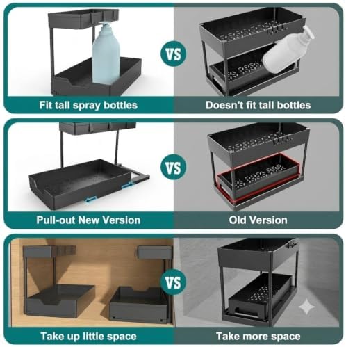 NATURE'S SOURCE 2 Pack Under Sink Organizer 2 Tier Sliding Cabinet Organizers Multi-Purpose Sink Storage Basket L-Shape Narrow Space Storage Shelves with 4 Hook for Kitchen Bathroom Drawer, Black