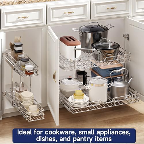 2-Tier Pull Out Cabinet Organizer, 19.5" W x 21.5" D, Heavy Duty Dual Slide Out Shelves for Base Cabinets, Chrome Wire Basket Drawer for Pantry, Kitchen & Bathroom Storage