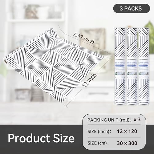FIFTY FEET 12"x120" Non-Adhesive Shelf Liner for Kitchen Cabinets and Drawers, Washable Non-Slip PVC Cabinet Liner (Black Modern)(3 Roll)