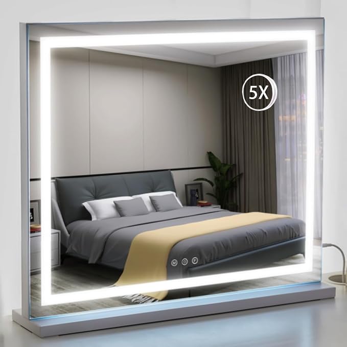 HIEEY Lighted Makeup Mirror, 18.1" x 22.8" Hollywood Vanity Mirror with Lights, Three Color Lighting Modes, with 5X Magnification Mirror, Smart Touch Control (White)