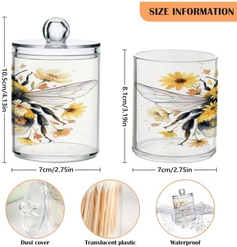 ALAZA Bumble Floral Bee 4 Pack Qtip Holder Dispenser for Cotton Swabs, Balls, Pads, Floss 10 oz Plastic Canister Organizer