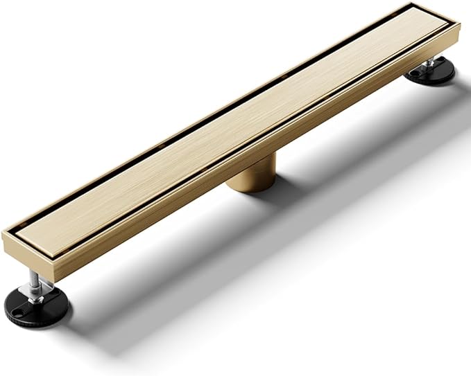 Linear Shower Drain 30 Inch Gold, Brushed AISI 304 Stainless Steel Shower Drain with 2-in-1 Tile Insert Panel, for Bathroom, Kitchen, Garage & More
