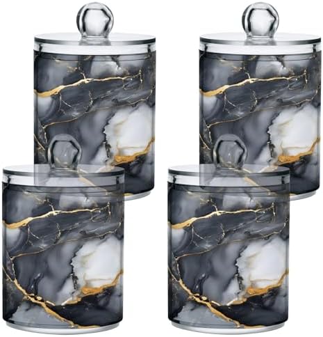 MNSRUU 2 Pack Qtip Holder Organizer Dispenser Abstract Black White Gold Marble Bathroom Storage Canister Plastic Cotton Ball Holder Bathroom Containers for Cotton Swabs/Pads/Floss