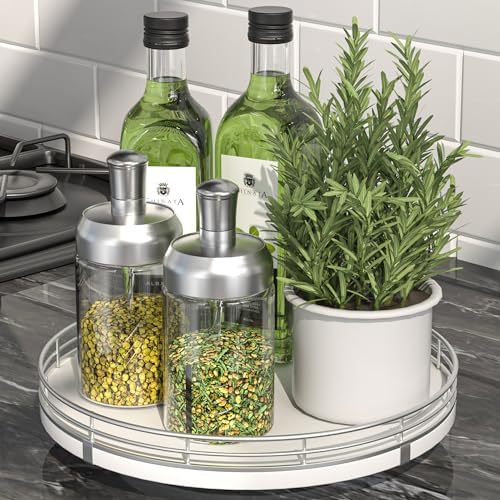 Oroyutor 9-Inch Oak Lazy Susan Spice Organizer with Silver Metal Rail