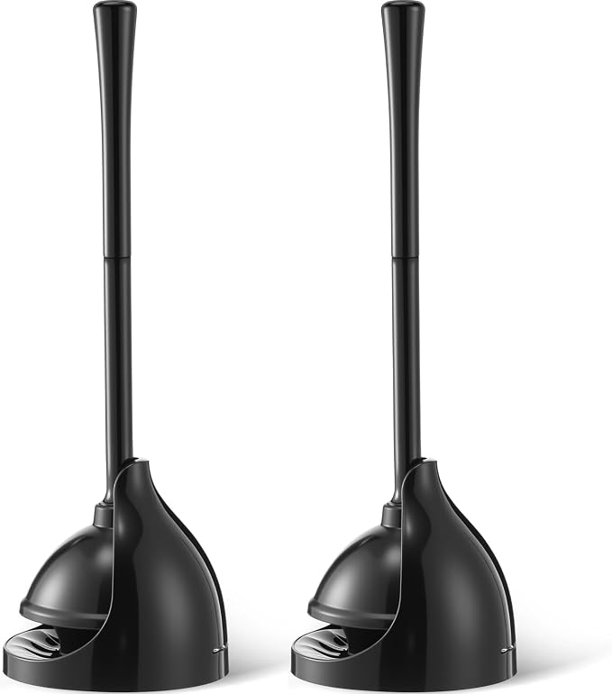 Reallnaive 2 Pack Toilet Plunger with Holder, Commercial Grade Heavy-Duty Plunger Set with Storage Base, Professional Bathroom Maintenance Tool