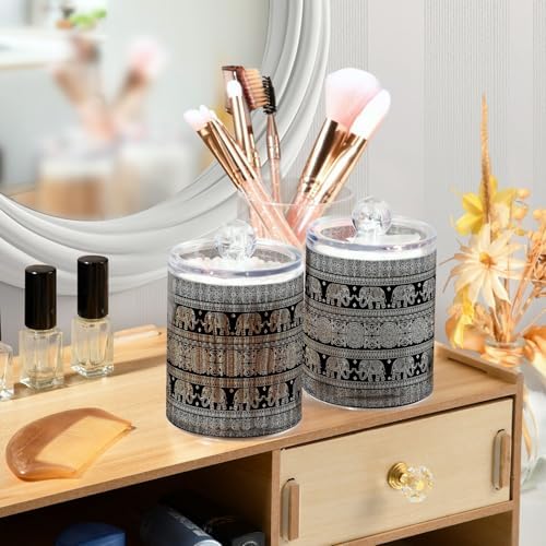 MNSRUU 2 Pack Qtip Holder Organizer Dispenser African Tribal Elephant Bathroom Storage Canister Cotton Ball Holder Bathroom Containers for Cotton Swabs/Pads/Floss