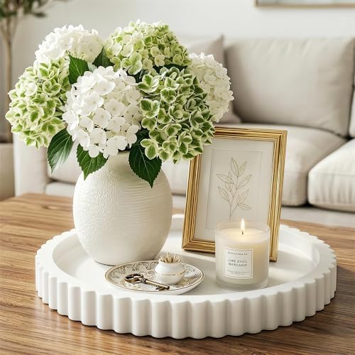 FGU Round Wood Decorative Tray for Coffee Table Home Decor, White