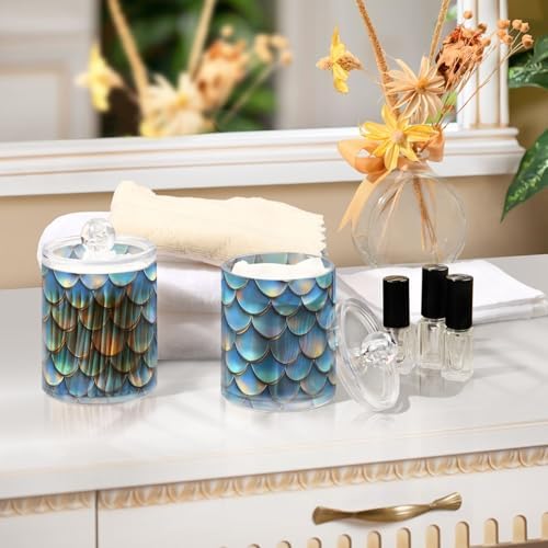 ALAZA 4pcs Blue Mermaid Scale 3D Funny Qtip Holder Dispenser 14 oz Bathroom Storage Clear Apothecary Jars Containers Cotton Ball,Cotton Rounds,Floss Picks, Hair Clips, Food