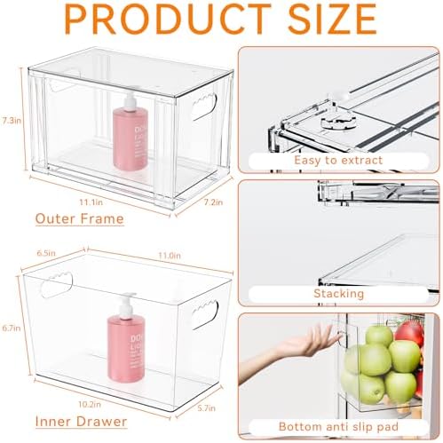 Yieach 4 Pack Large Stackable Storage Drawers,11″Deep Under Cabinet Organizer,Baby Bottle Organizer,Clear Stacking Pull Out Drawer,Acrylic Storage Containers Bins for Organizing Snack,Medicine,Makeup