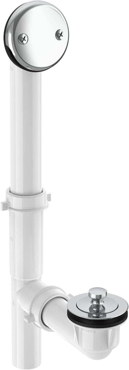 1-1/2"" White Tubular Bath Drain Kit with Lift and Turn Bath Drain Stopper, Lift and Turn Bathtub Drain Waste and Overflow with Plug and Bathtub Overflow Drain Cover (Plated Chrome)
