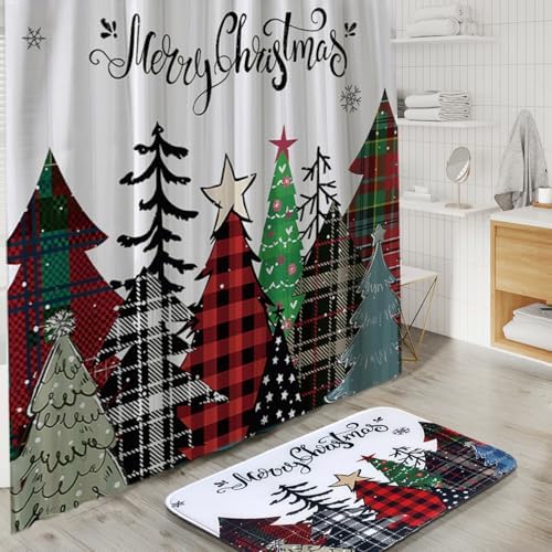 Clara Clark Bathroom Accessories Set - Christmas Shower Curtain Set, 27PC Xmas Bathroom Set with Adhesive Corner Shower Caddy Hanging, Christmas Bathroom Sets with Shower Curtain and Rugs