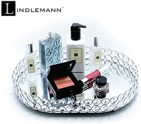 Crystal Vanity Tray Decorative Mirrored Dresser Perfume Trays for Makeup Cosmetic Storage Jewelry Trinket Storage Organizer for Bathroom Countertop Home Décor (Oval, 14x10in, Silver)
