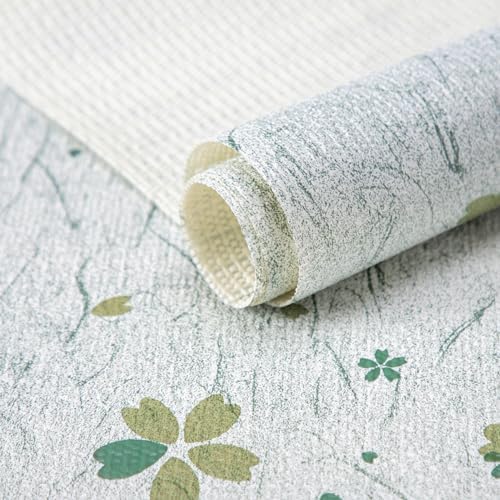 FIFTY FEET 12"x120" Non-Adhesive Shelf Liner for Kitchen Cabinets and Drawers, Washable Non-Slip PVC Cabinet Liner (Green Floral)(7 Roll)