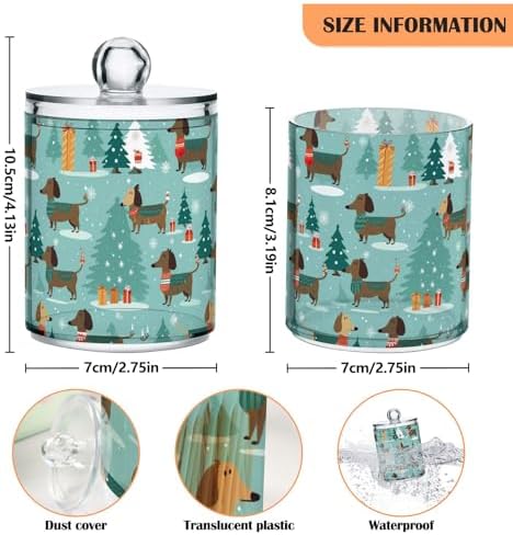 Christmas Dachshunds Clear Plastic Jars Set of 2, Clear Apothecary Plastic Jars Bathroom Canister for Cotton Pads, Cotton Ball, Cotton Swabs, Floss Picks 10 Oz