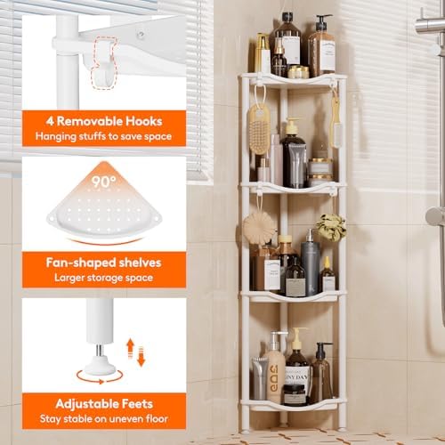 Lifewit 4 Tier Corner Shower Caddy with Hooks, Bathroom Organizer, White