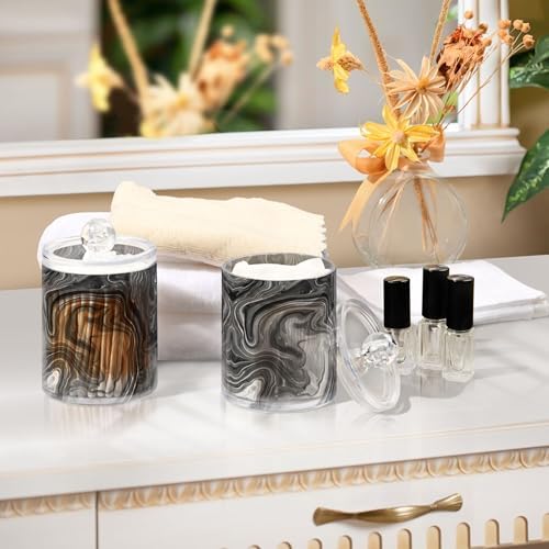 MNSRUU 2 Pack Qtip Holder Organizer Dispenser Black Ink Marble Bathroom Storage Canister Cotton Ball Holder Bathroom Containers for Cotton Swabs/Pads/Floss