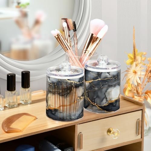 MNSRUU 4 Pack Qtip Holder Organizer Dispenser Abstract Black White Gold Marble Bathroom Containers Bathroom Vanity Storage Canister Apothecary Jars for Cotton Swabs/Pads/Floss