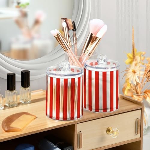 ALAZA Red White Striped 4 Pack Qtip Holder Dispenser for Cotton Swabs, Balls, Pads, Floss 10 oz Plastic Canister Organizer