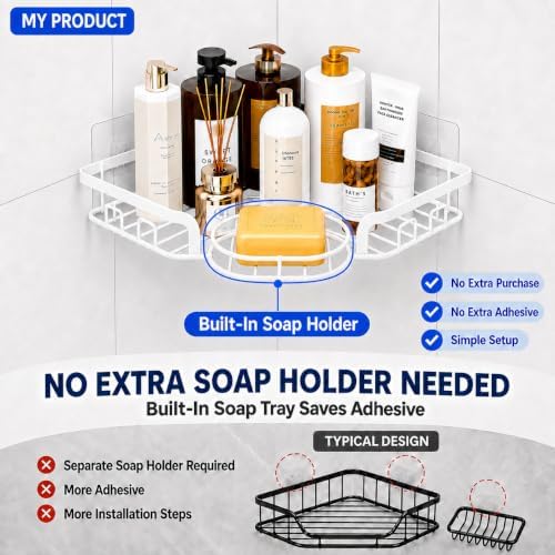 Corner Shower Caddy, Rustproof Shower Organizer with Soap Holder and 8 Hooks, No Drilling Adhesive Shower Shelves for Inside Shower, Large Capacity Shower Rack for Bathroom Shower Storage, White