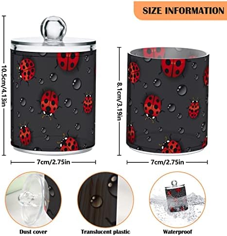 Fustylead 2 Pack Red Ladybugs Qtip Holder Dispensers, Bathroom Storage Canister Plastic Apothecary Jar Set for Cotton Swabs, Ball, Pads, Floss