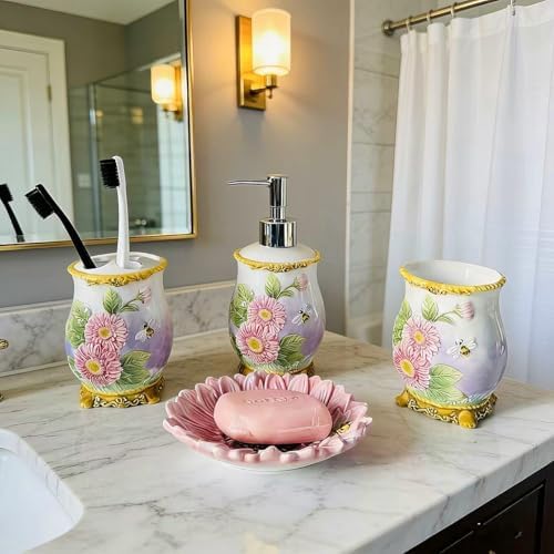 Ceramic Sunflower Bathroom Accessories Set, 4 Piece Bathroom Ensemble Set with Toothbrush Holder, Toothbrush Cup, Soap Dispenser, Soap Dish (Pink)