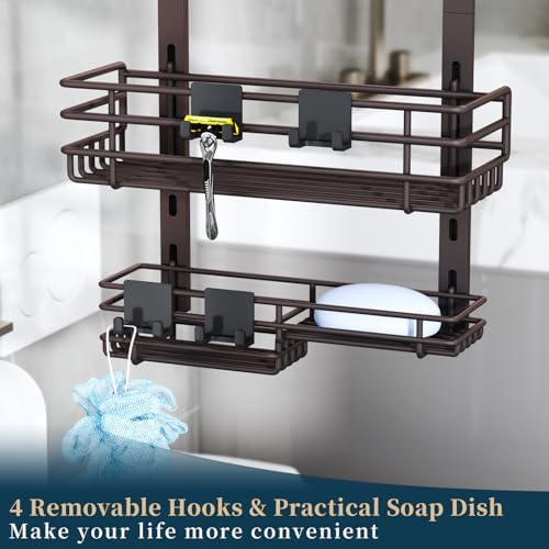 Consumest Over The Door Shower Caddy - 5 Tier Adjustable Shower Organizer Hanging with 2 Toothbrush Holders & 4 Hooks, Rustproof Organizer Shelf, Storage Rack for Bathroom, Bronze