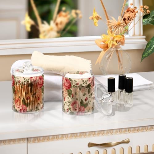 4 Pack Vintage Roses and Leaves Beige Qtip Dispenser 10 Oz Clear Plastic Apothecary Jars Bathroom Containers for Cotton Ball, Cotton Swab, Cotton Round Pads, Floss