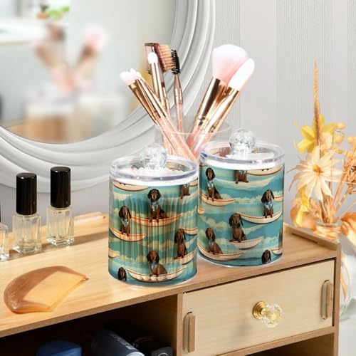 Dachshunds on Surfboards Qtip Holder Dispenser 2 Pack Apothecary Jars Bathroom Containers for Cotton Ball, Swab, Floss, Makeup Sponges, Hair Clip 10 Oz