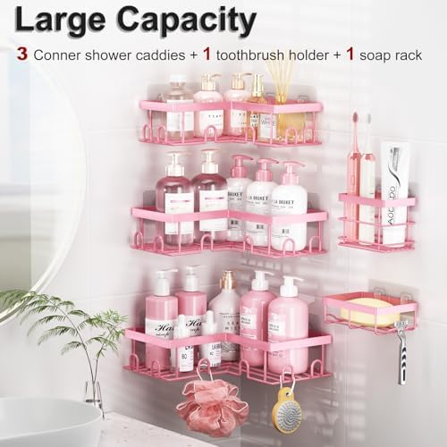 Liuoud Corner Shower Caddy, 5 Pack Adhesive Stainless Steel Organizer, Pink