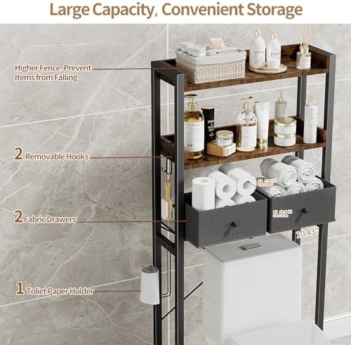 Housolution 3 Tier Over the Toilet Storage with 2 Drawers, Black+Brown