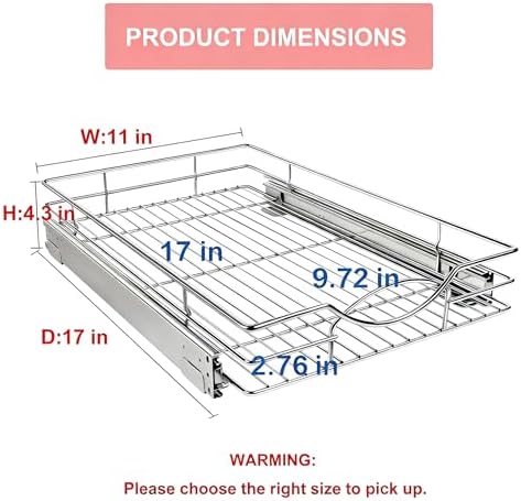 Sikarou Pull Out Cabinet Organizer, Heavy Duty Kitchen Cabinet Pull Out Shelves, Slide Out Wire Basket for Kitchen Cabinets, Bathroom, Pantry, Chrome Finish (11 * 17 in)