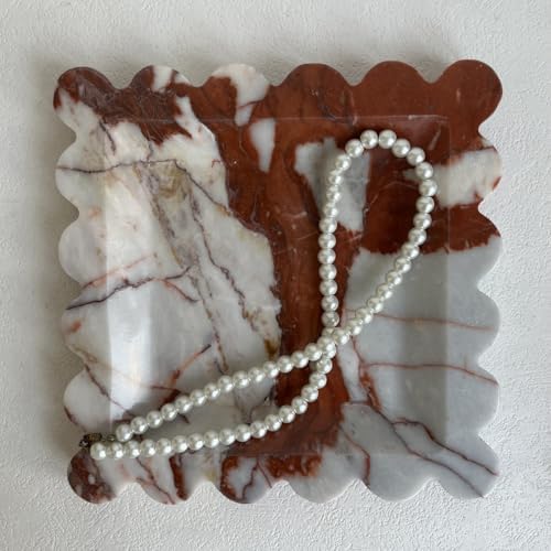 Vintage Natural Marble Tray Small Ornaments Scalloped Tray Handmade Storage Dish for Counter, Vanity, Dresser, Nightstand and Desk (Calacatta Red)