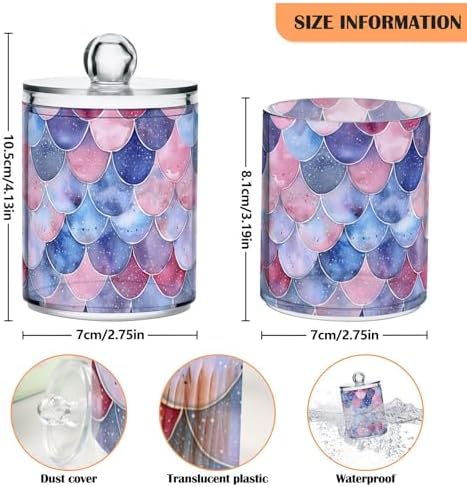 senya Clear Plastic Jars Cotton Swabs Cans, Watercolor Mermaid Scales Bathroom Canisters Storage Organizer with Lids 2PCs Set for Cotton Ball, Cotton Swab, flossers, Hair Bands