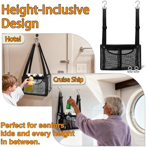Black PVC Mesh Hanging Shower Caddy with 2 Magnetic Hooks 12"x6"x7"