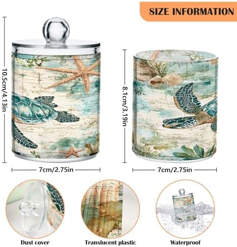 ALAZA Sea Turtle Starfish Map 4 Pack Qtip Holder Dispenser for Cotton Swabs, Balls, Pads, Floss 10 oz Plastic Canister Organizer