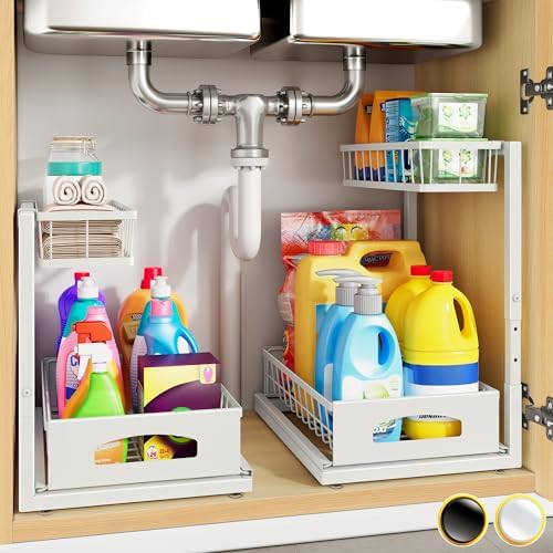 Under Sink Organizer, 2-Pack L-Shaped Metal Pull-Out Drawers for Kitchen