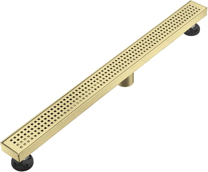AVSIILE Linear Shower Floor Drain, Brushed Gold 42 Inch 304 Stainless Steel Bathroom Drains Kit, Long Rectangular Shower Trench Drain with Square Pattern Drain Cover & Hair Catcher